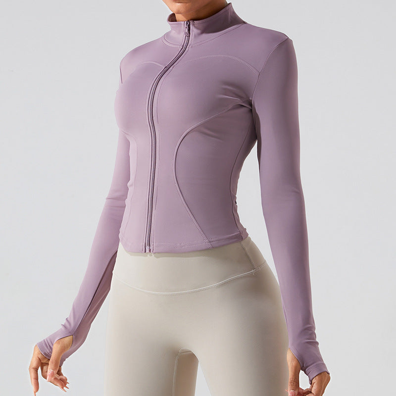 Veste de sport décontractée à manches longues et fermeture éclair pour femme, couleur unie, idéale pour le yoga