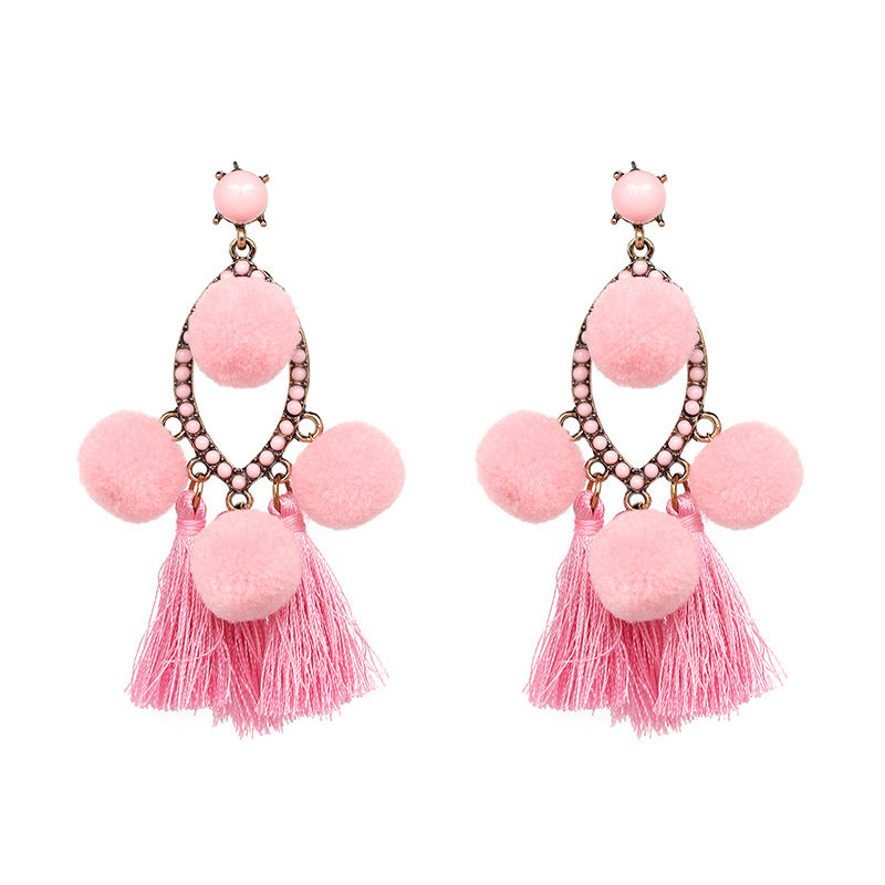 Pendientes bohemios con borlas y pompones pequeños para mujer