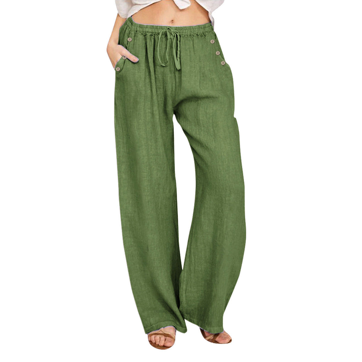 Pantalon décontracté en coton et lin de couleur unie pour femme