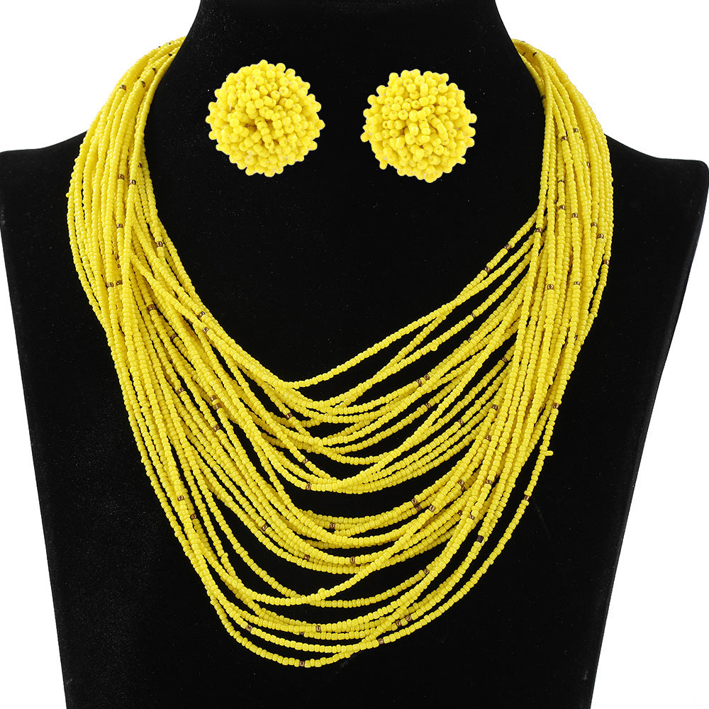 Conjunto de collar y pendientes con cuentas de arroz multicapa estilo bohemio para mujer