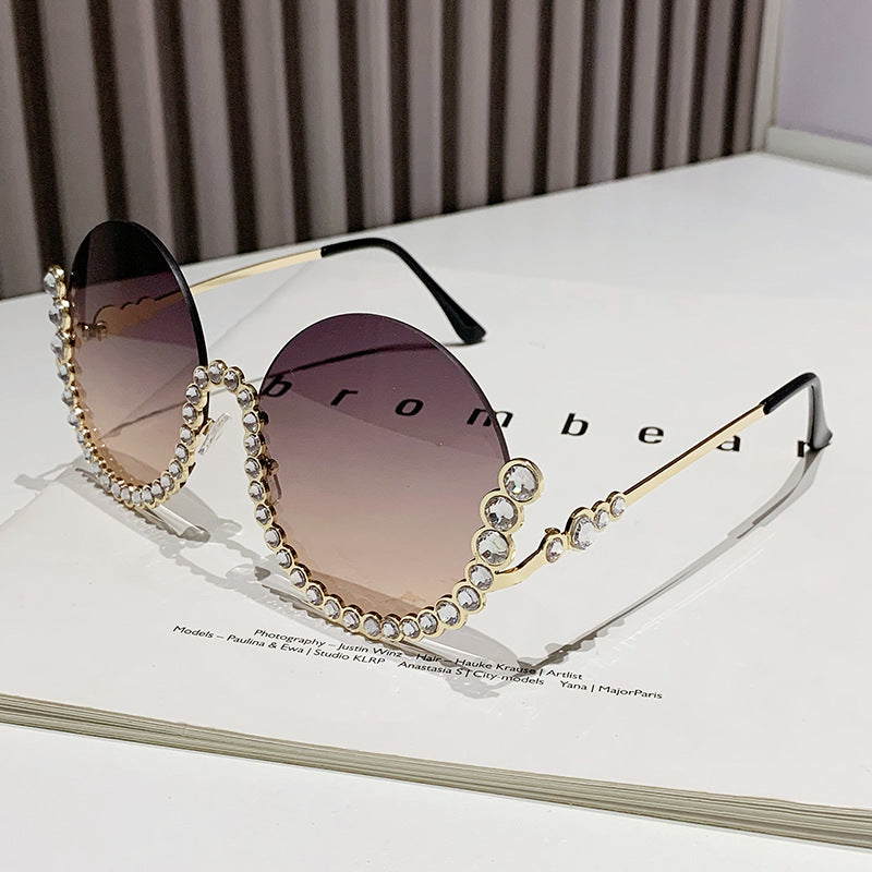 Fashion Metal Rhinestone Round Half Frame Sunglasses