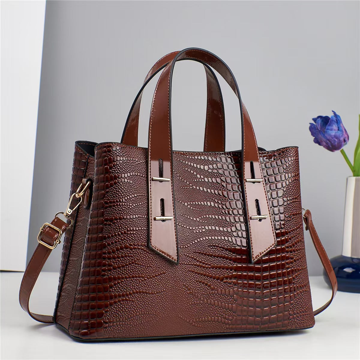 Sac à main décontracté de grande capacité pour femme, couleur unie, motif crocodile