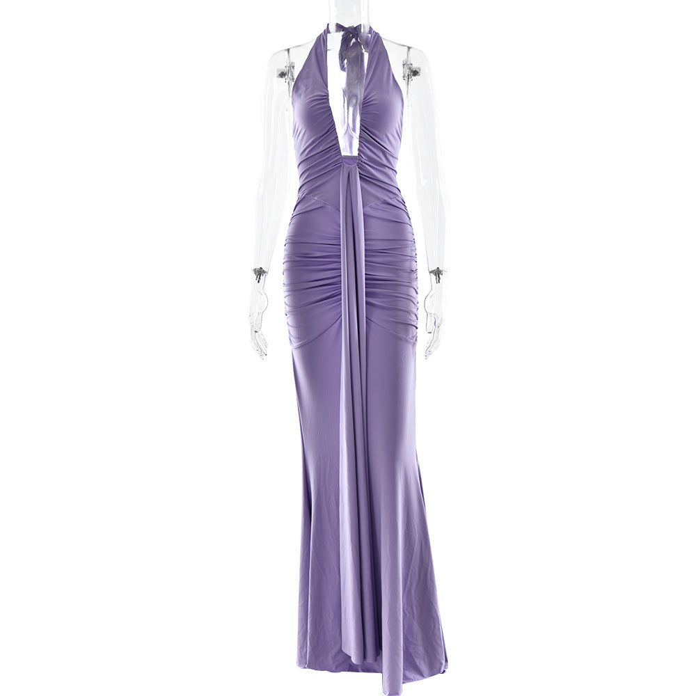Robe sexy à col licou de couleur unie pour femme