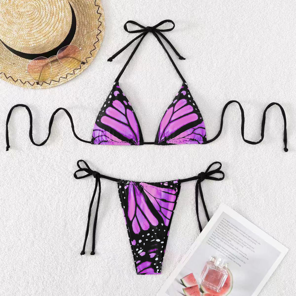 Bikini sexy con cuello halter y estampado de mariposas para mujer
