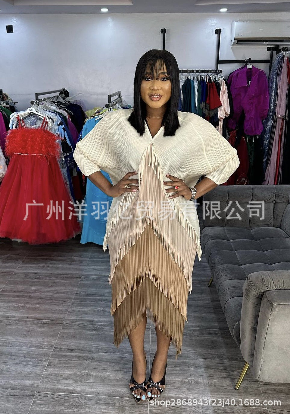 African Women Fashion Pleated Color Matching Dress