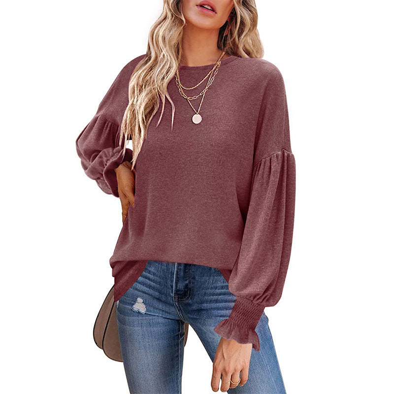 T-shirt décontracté à col rond et manches lanternes pour femme
