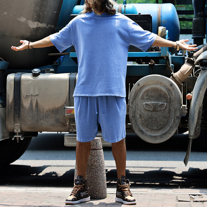 Men's Casual Solid Color Cotton Blend T-Shirt and Shorts Set