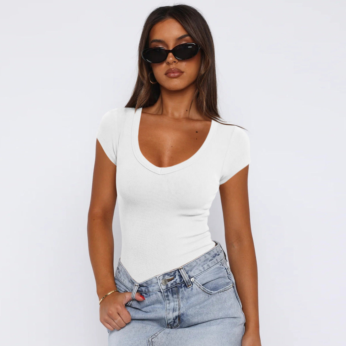 Camiseta de manga corta con hilo simple para mujer