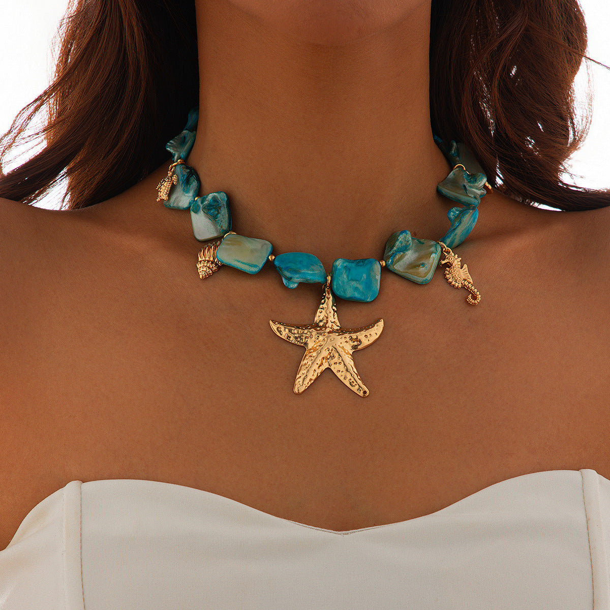 Collar de concha y estrella de mar estilo océano de verano para mujer