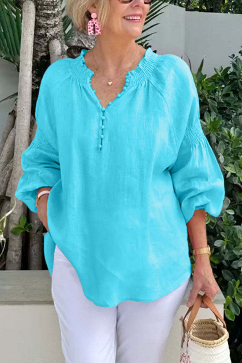 Blusa informal de color liso con cuello en V para mujer