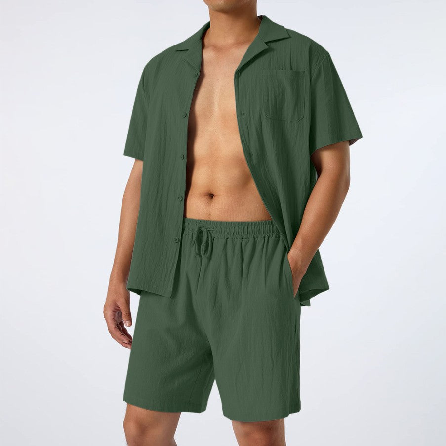 Conjunto informal de dos piezas de lino y algodón de manga corta para hombre