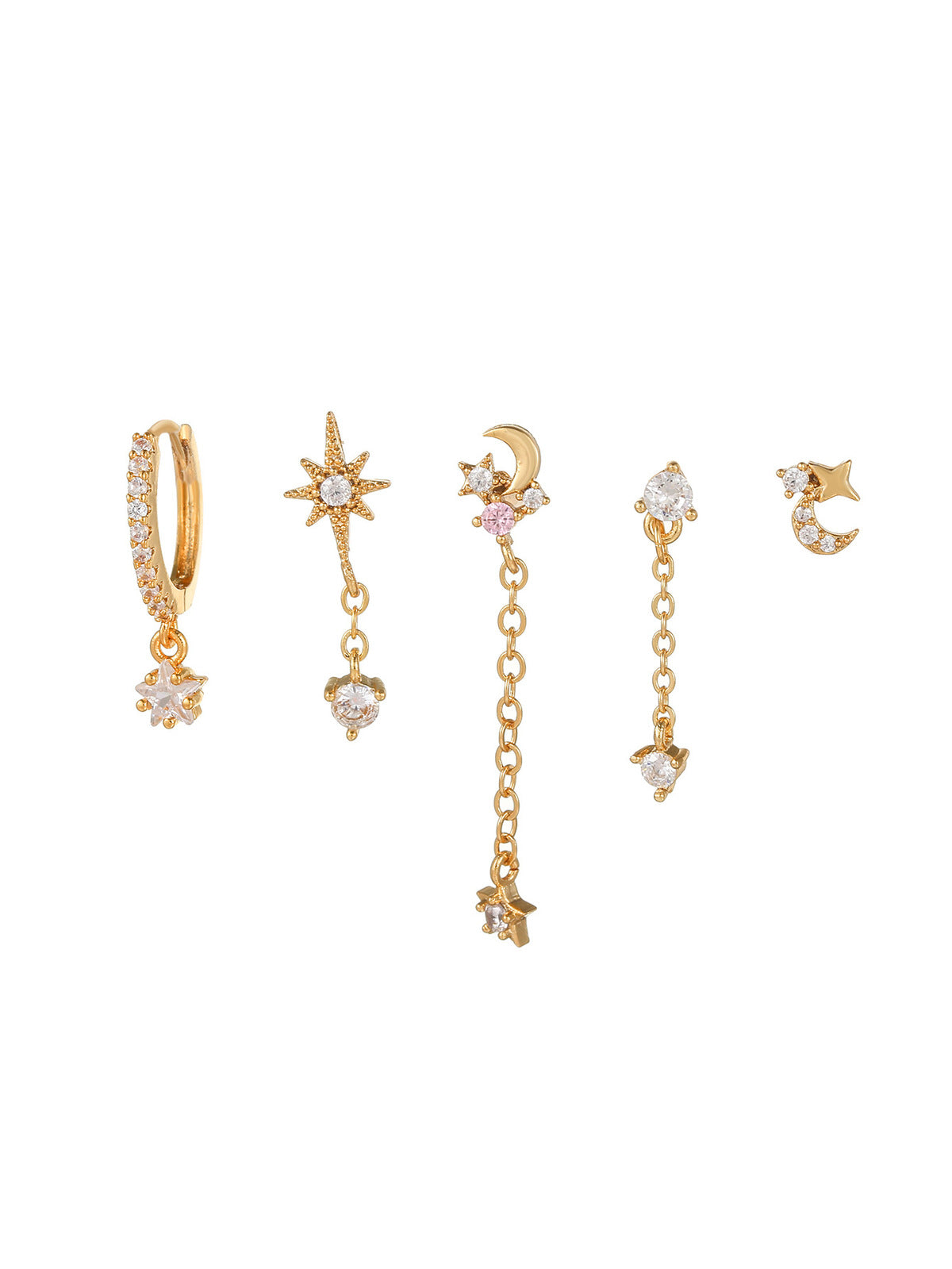 Conjunto de pendientes con borlas y cadena de luna y estrella de circonita para mujer