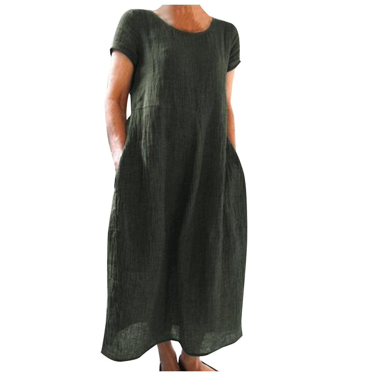 Vestido informal holgado de algodón y lino de color liso para mujer