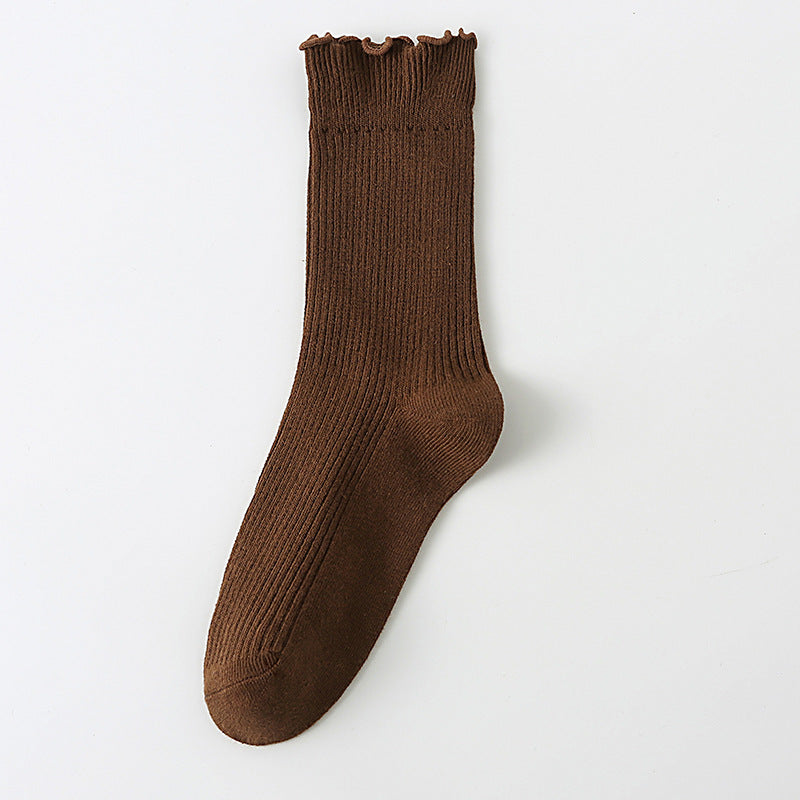 Calcetines casuales de algodón con borde rizado para mujer en colores lisos