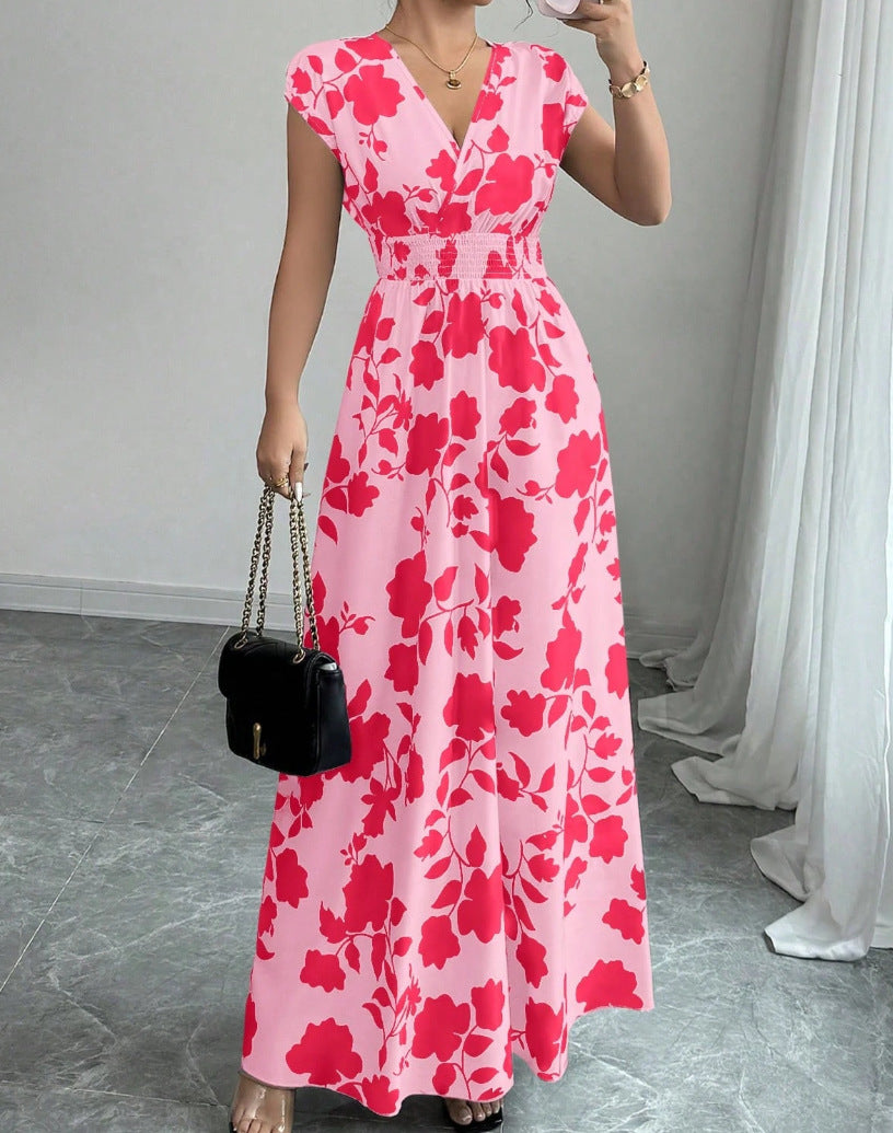 Women Fashion Elegant Floral Printed V-Neck Dress