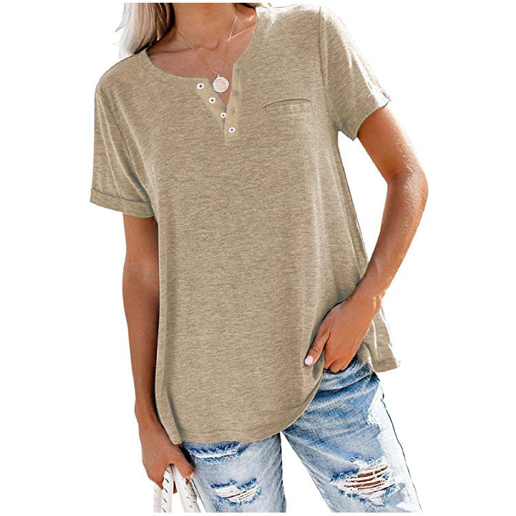 Camiseta informal holgada de verano para mujer, color liso, con cuello en V