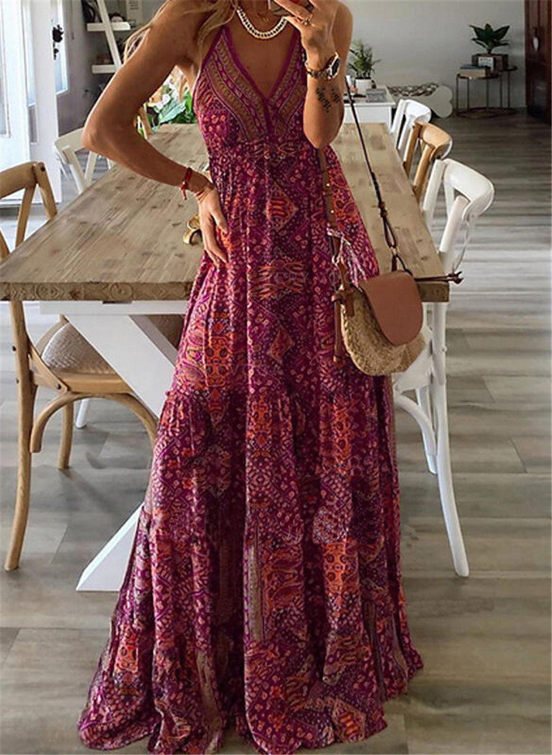 Vestido largo bohemio informal con estampado de flores diminutas y escote en V con tirantes para mujer
