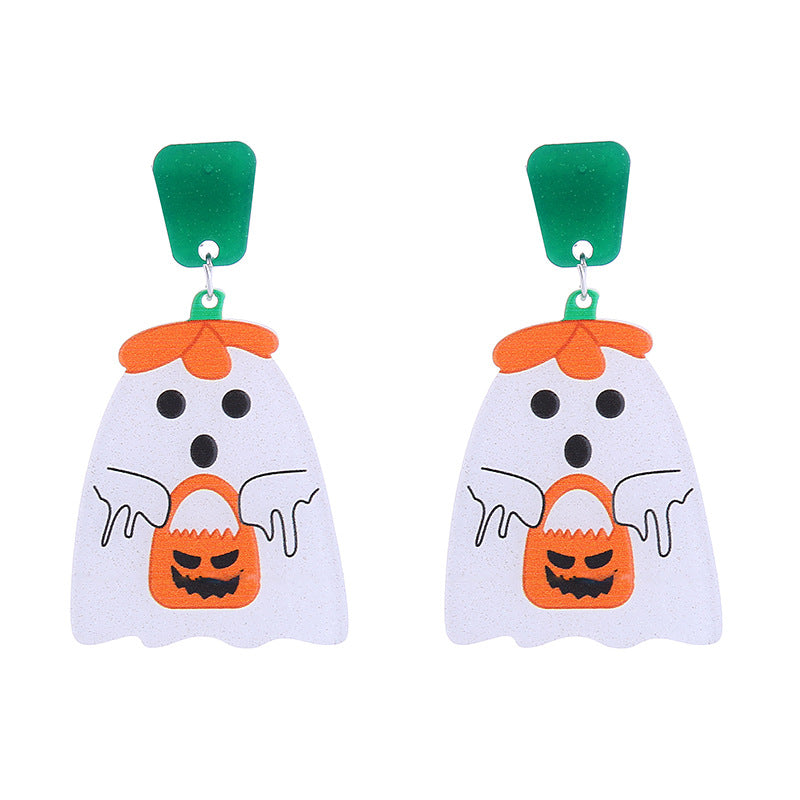 Halloween Women Funny Creative Acrylic Pumpkin Skeleton Ghost Earrings
