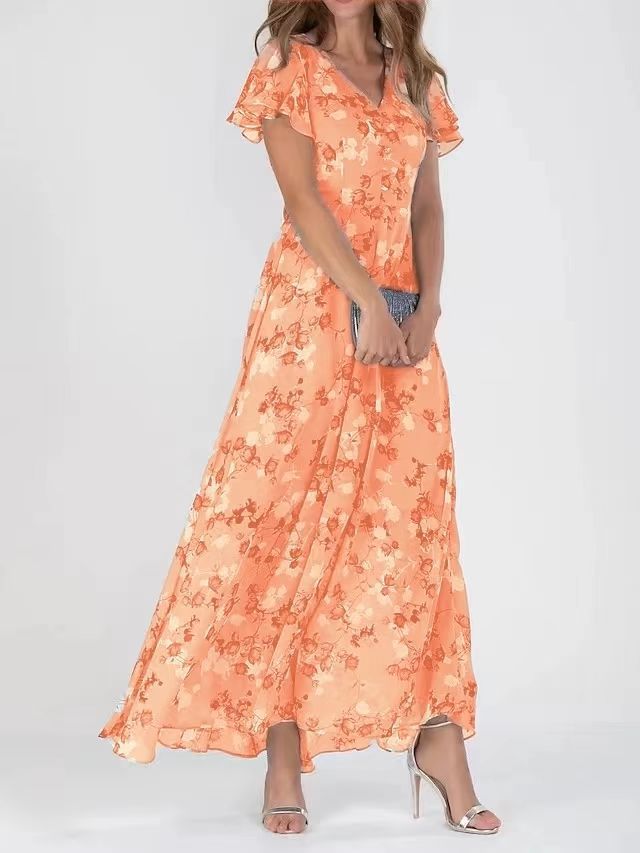 Women Fashion Casual Flower Printed Chiffon Dress