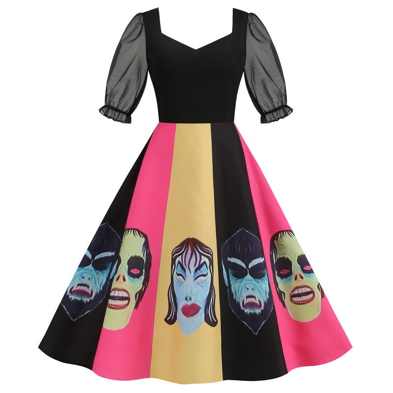 Halloween Party Mesh Sleeve Vintage Printed Dress