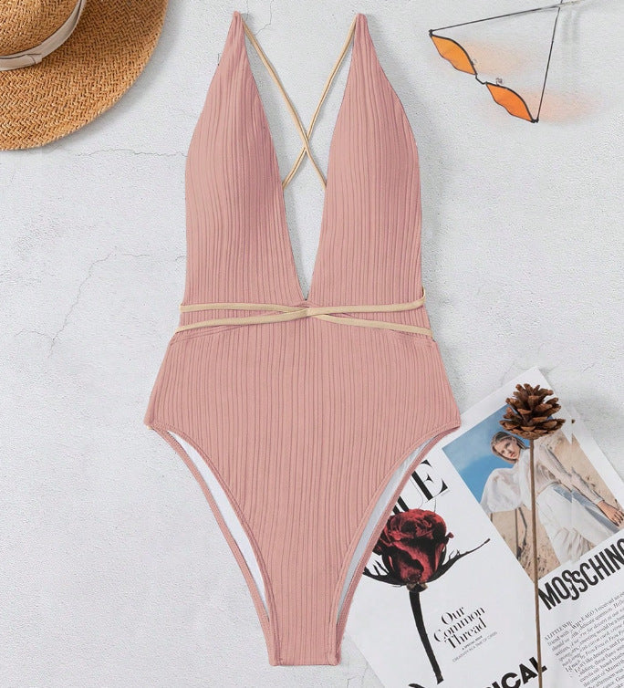 Fashion Women Summer Vacation V-Neck One-Piece Swimsuit