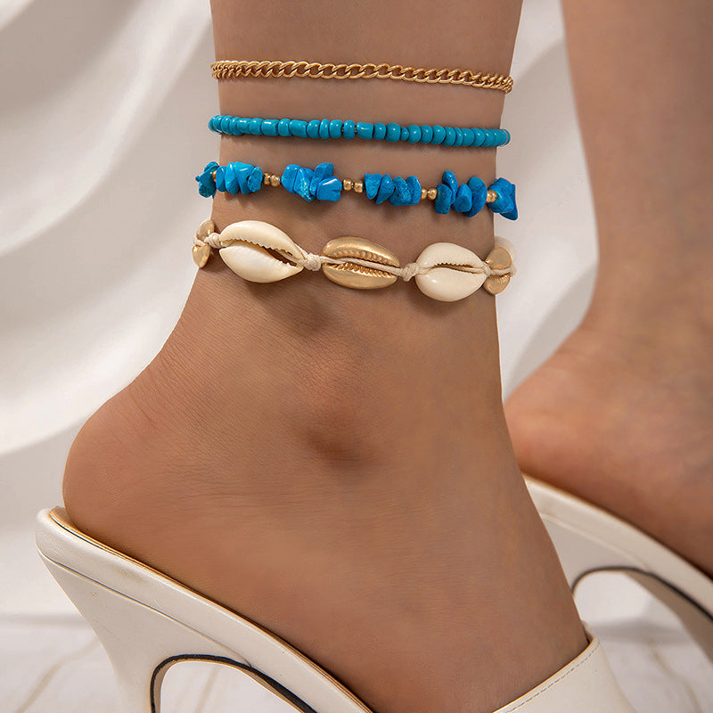 Conjunto de tobilleras tejidas con conchas marinas de estilo bohemio