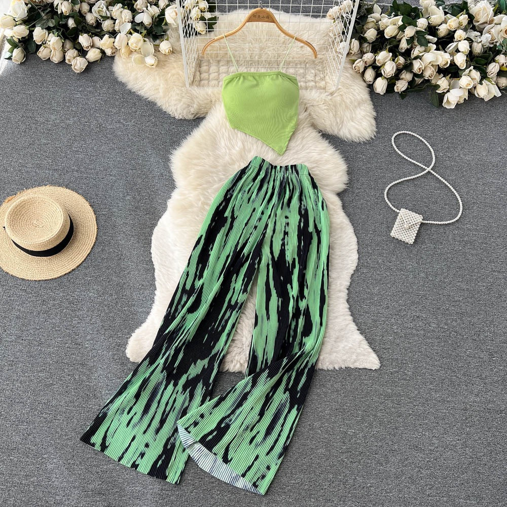 Ensemble deux pièces pour femme, caraco à bretelles spaghetti et pantalon large en tissu mélangé