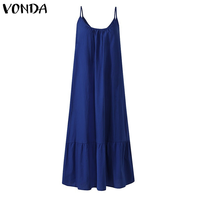 Vestido lencero holgado con volantes de color liso, estilo bohemio e informal para mujer