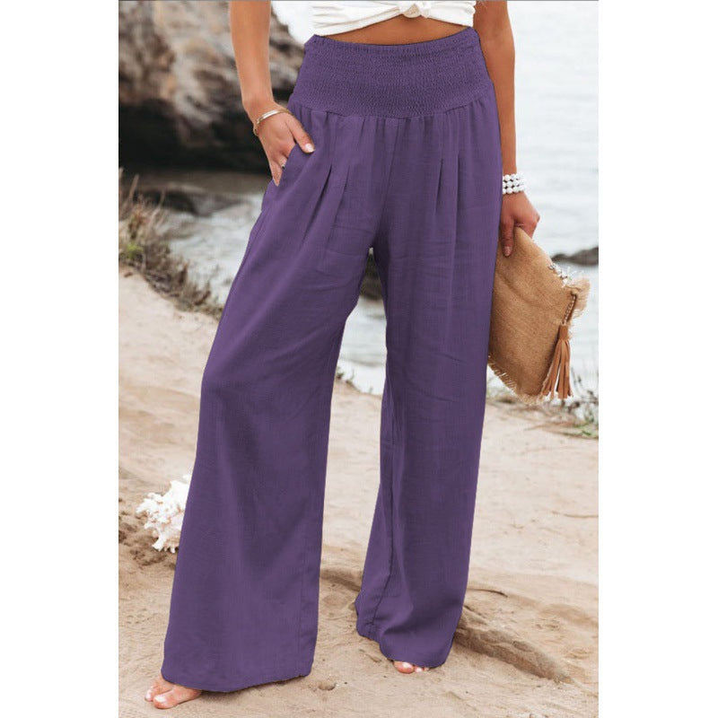 Pantalones anchos casuales de algodón y lino para mujer