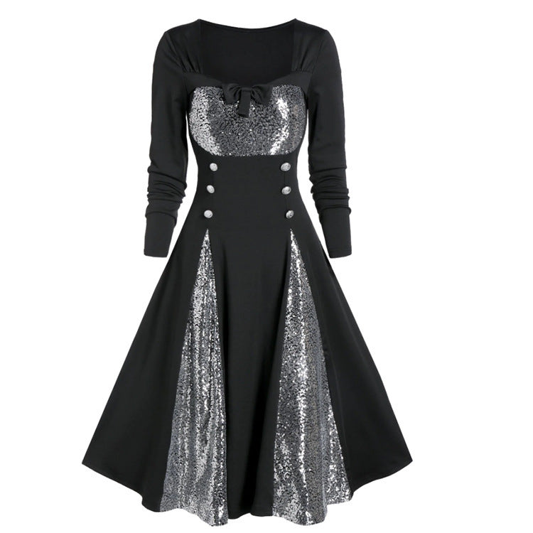 Women Gothic Skull Lace Stitching Color Contrast Dress