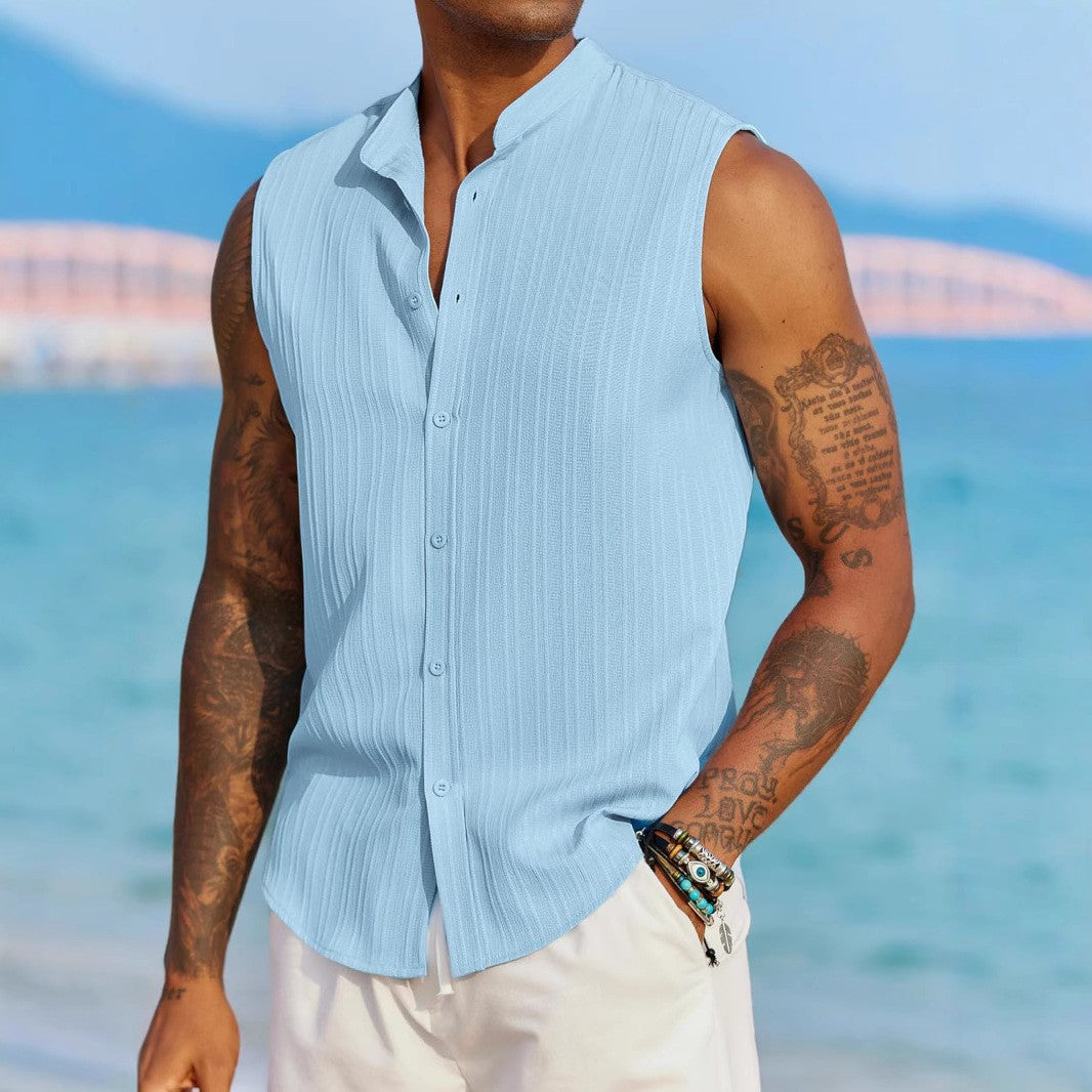 Men's Casual Sleeveless Button-Up Shirt in Solid Colors