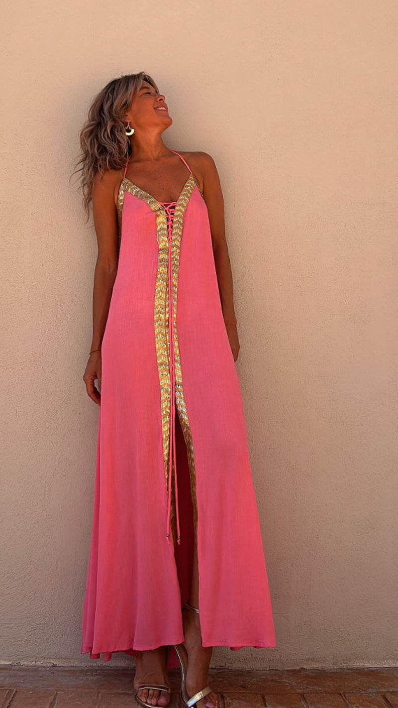 Vestido largo informal de verano con cuello halter y mangas abullonadas para primavera y verano