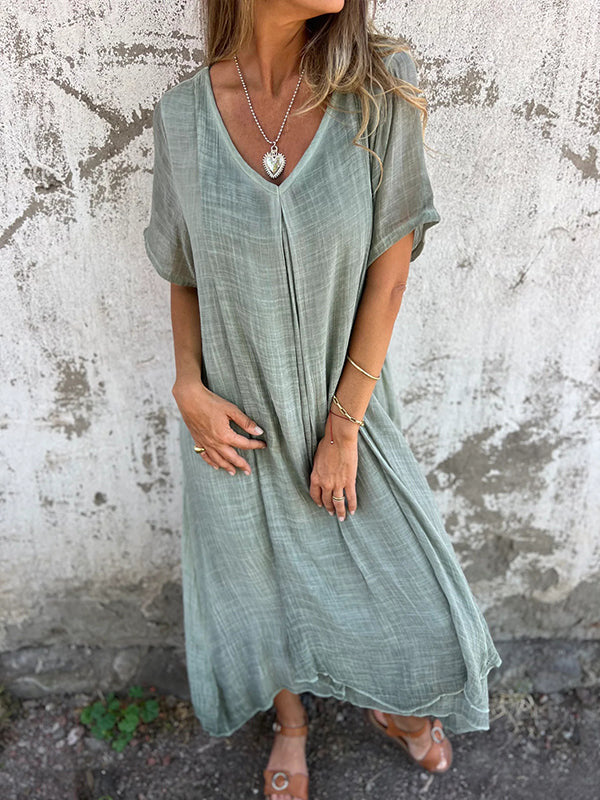 Vestido informal de verano para mujer, holgado, de algodón y lino con cuello en V