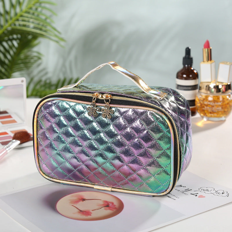 Bolsa de cosméticos de cuero sintético con efecto láser y degradado de color
