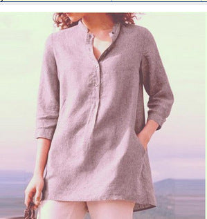 Camisa informal de lino y algodón con cuello de color liso para mujer