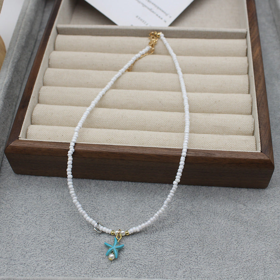 Women Fashion Beaded Starfish Pendant Necklace with Alloy Details