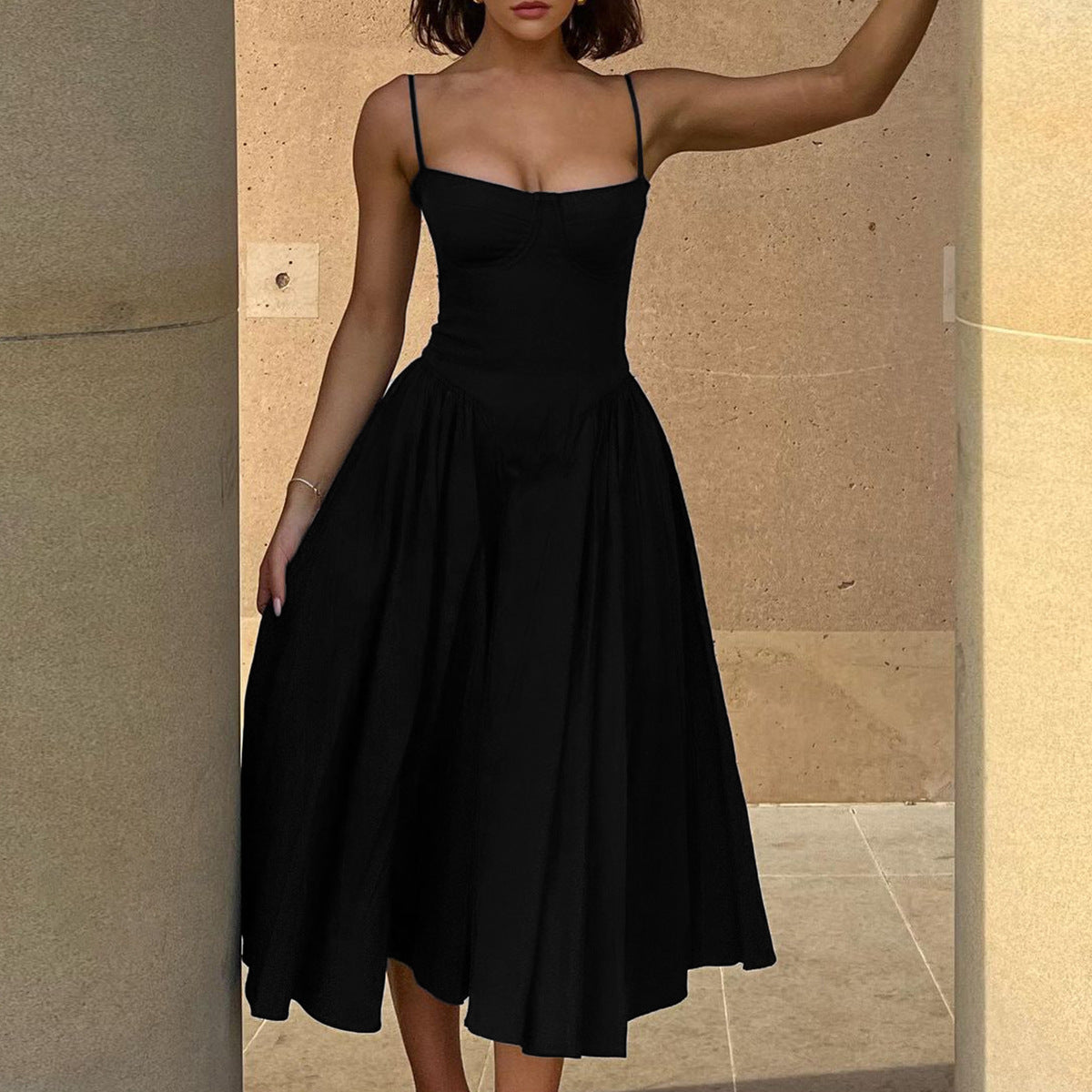 Women V-Neck Spaghetti Strap Backless Dress Solid Color Short Skirt