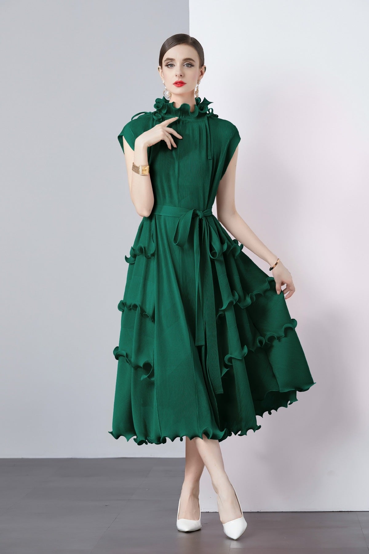 Women Solid Color Pleated Chiffon Dress