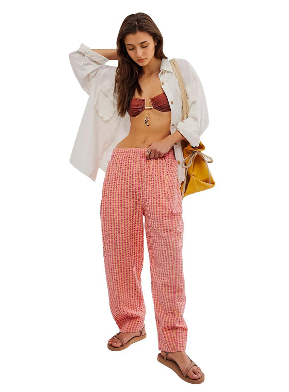 Women Casual Plaid Wide Leg Pocket Pants