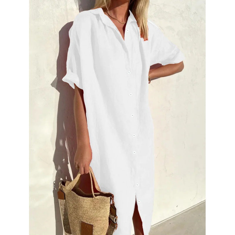 Vestido informal de lino y algodón para mujer, de manga corta, con bolsillo y solapa