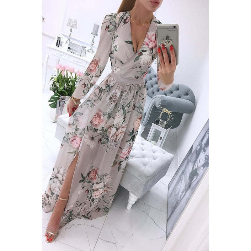 Vestido largo informal de verano para mujer, de gasa, bohemio, con estampado floral, cuello en V y manga larga