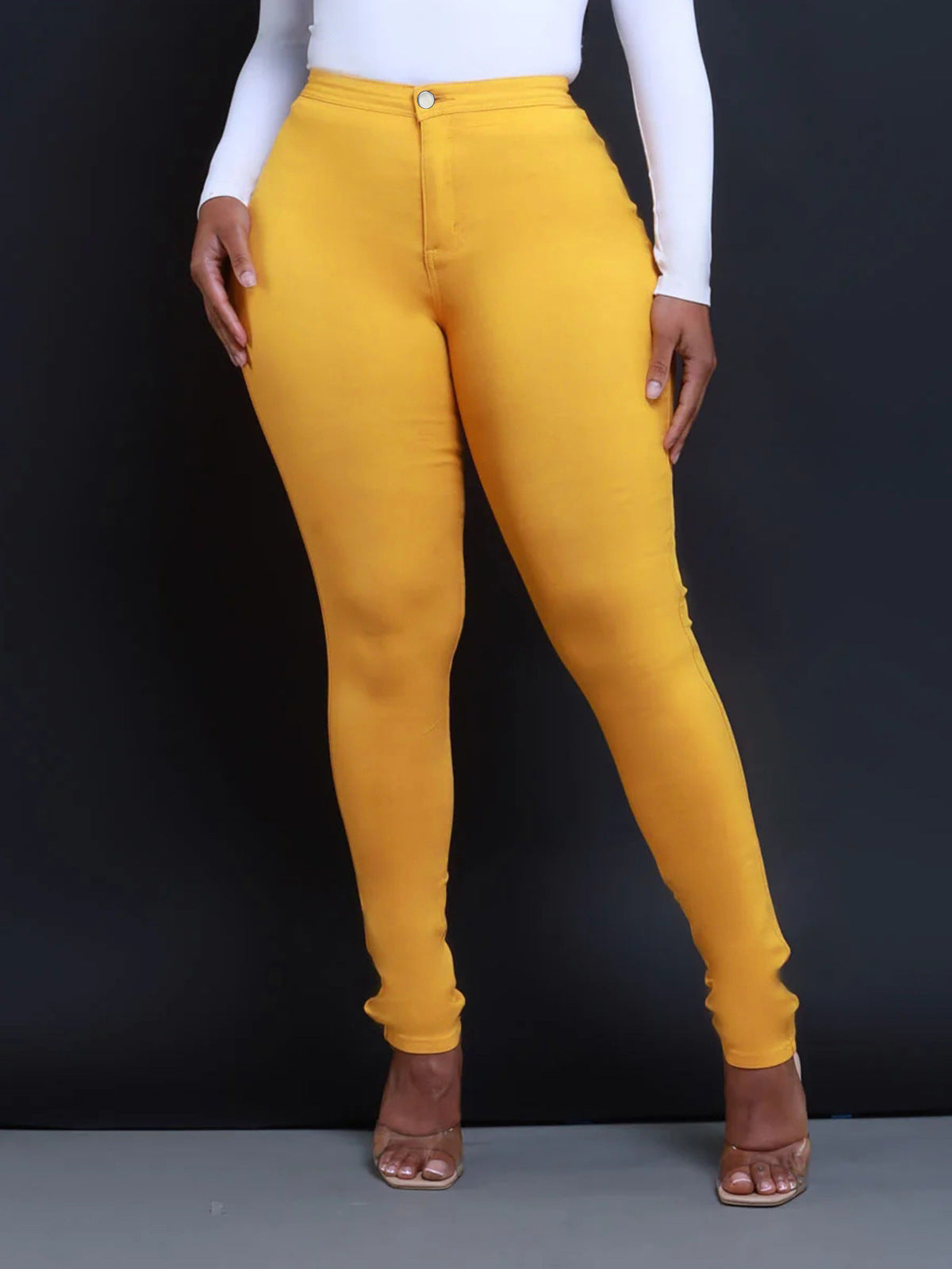 Women Fashion Solid Color Mid-Waist Tight Jeans