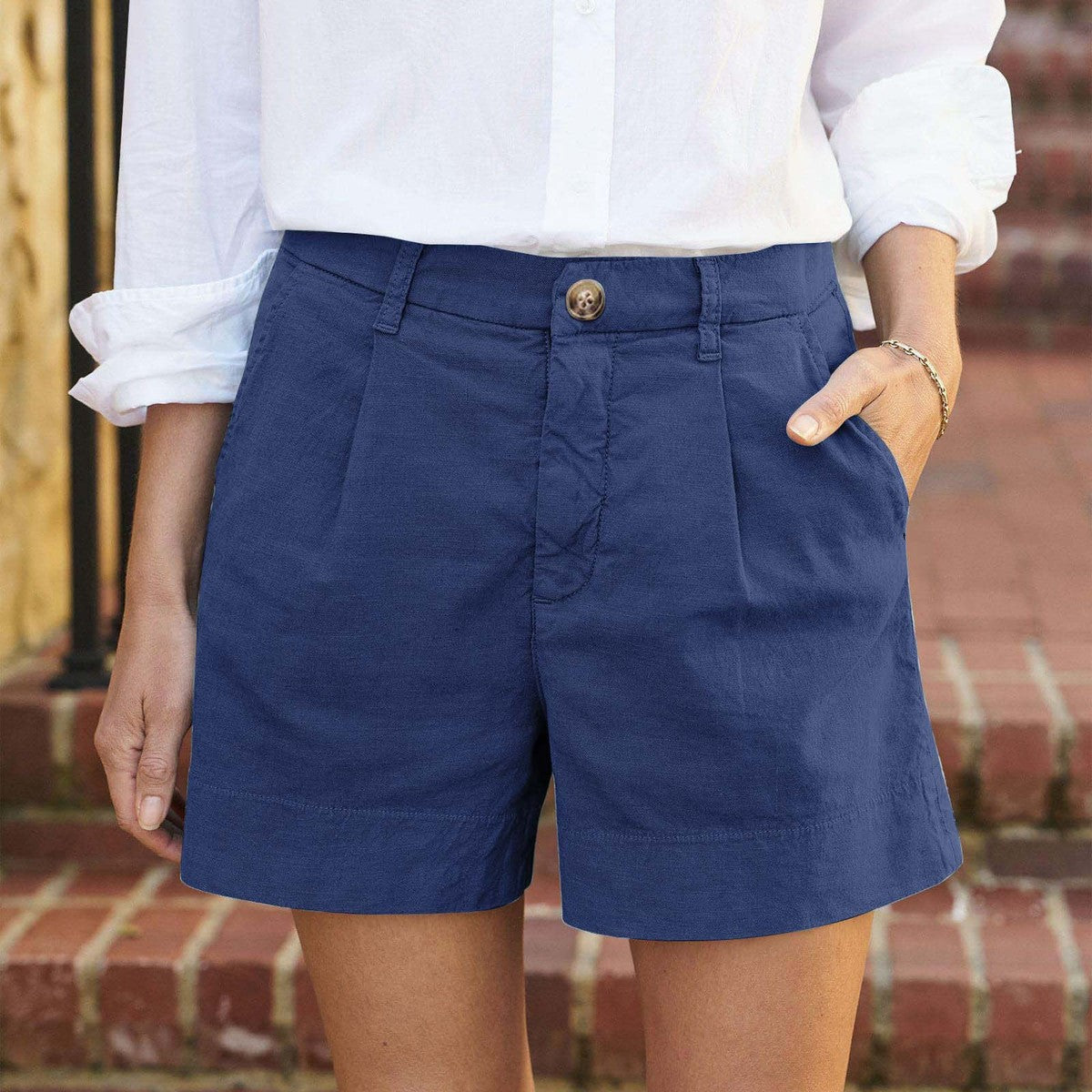 Pantalones cortos casuales de algodón y lino de color liso para mujer