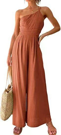 Mono informal de lino y algodón de color liso a la moda para mujer
