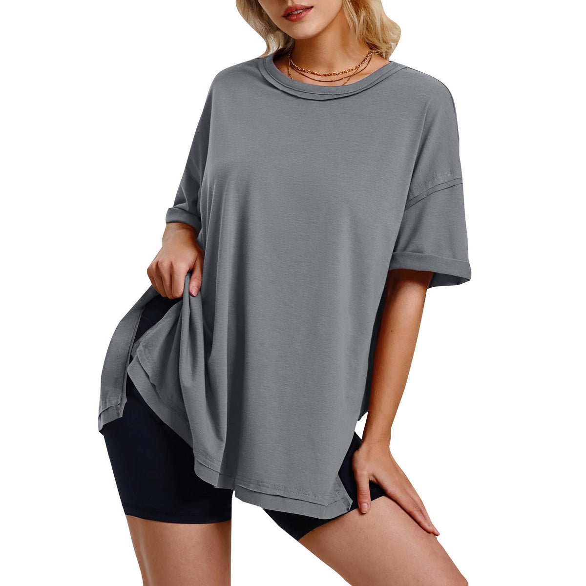 Women Casual Solid Crewneck Loose Tee in Cotton
