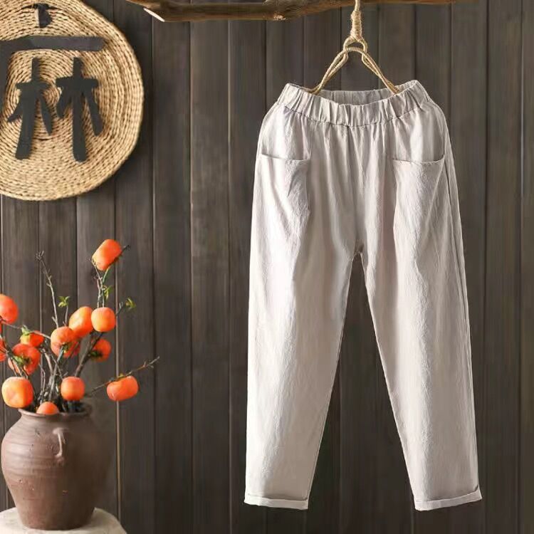 Women Casual Solid Color Cotton Linen Cropped Pants