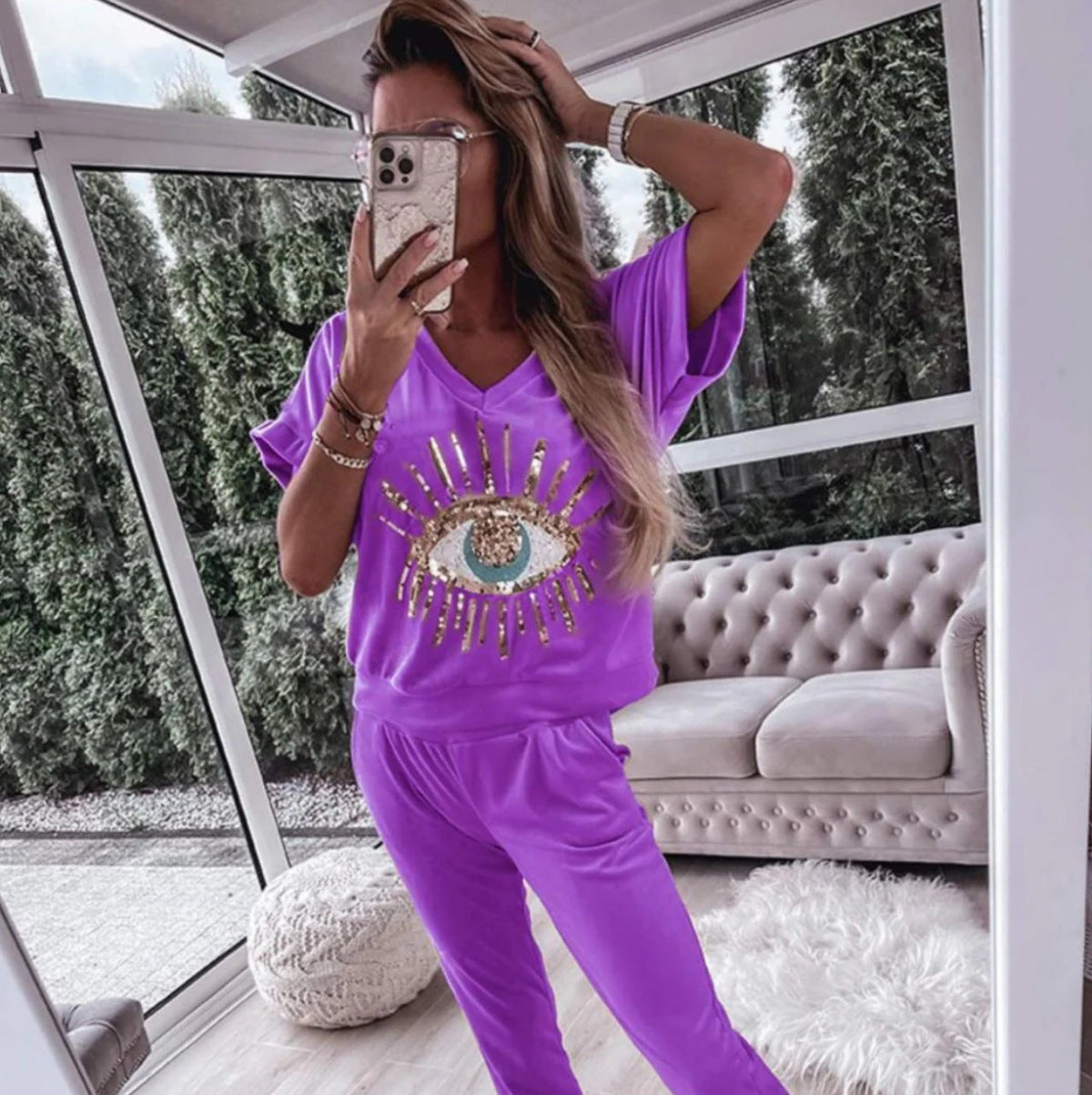Conjunto de dos piezas con cuello en V y estampado de lentejuelas de ojo de diablo