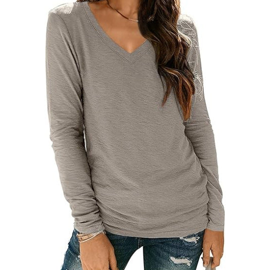 Women Fashion Casual Solid Color V-Neck Long Sleeve Blank T-Shirt