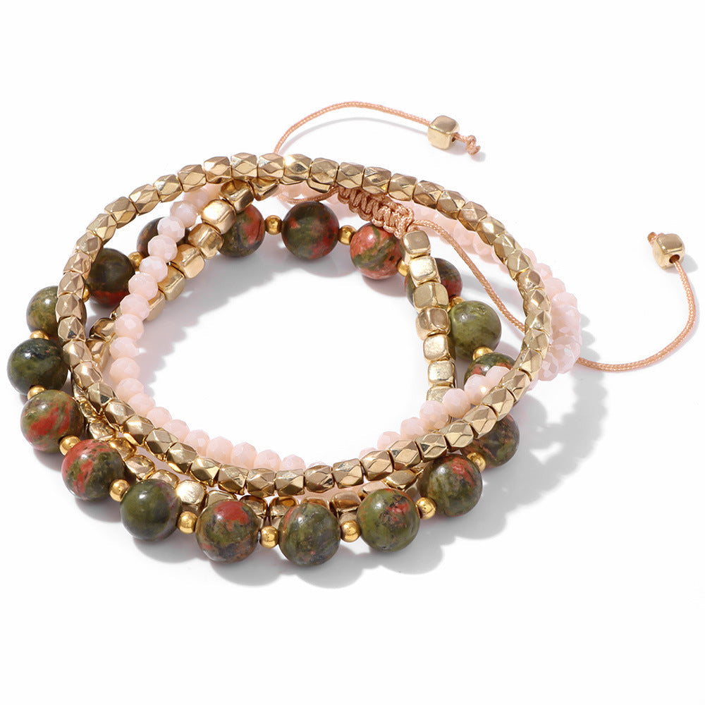 Conjunto de pulseras de cuentas doradas con piedra de pino estilo bohemio para mujer