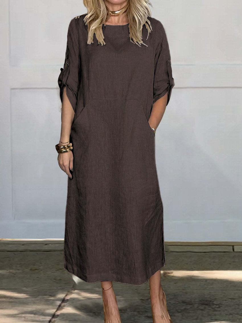 Summer Women Casual Solid Color Round Neck Dress